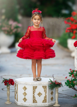 Long Sleeves Red Lace Tulle Ruffled Flower Girl Dress